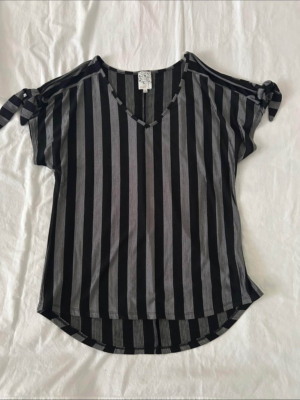 NAIF Black and Gray Vertical Stripe V-Neck Short Sleeve Top with Tie Detail